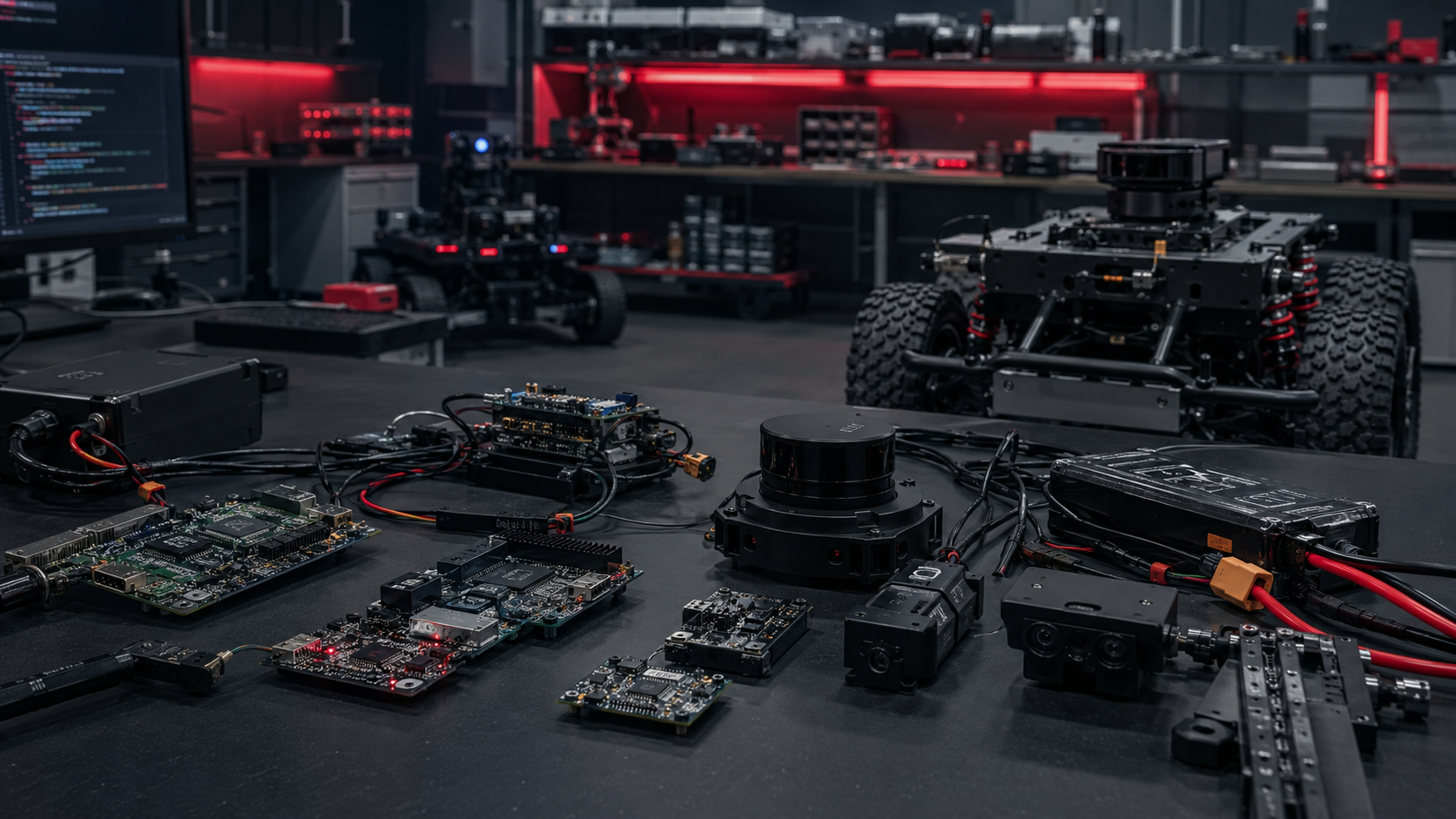 Robotics development workspace with electronics and prototype components