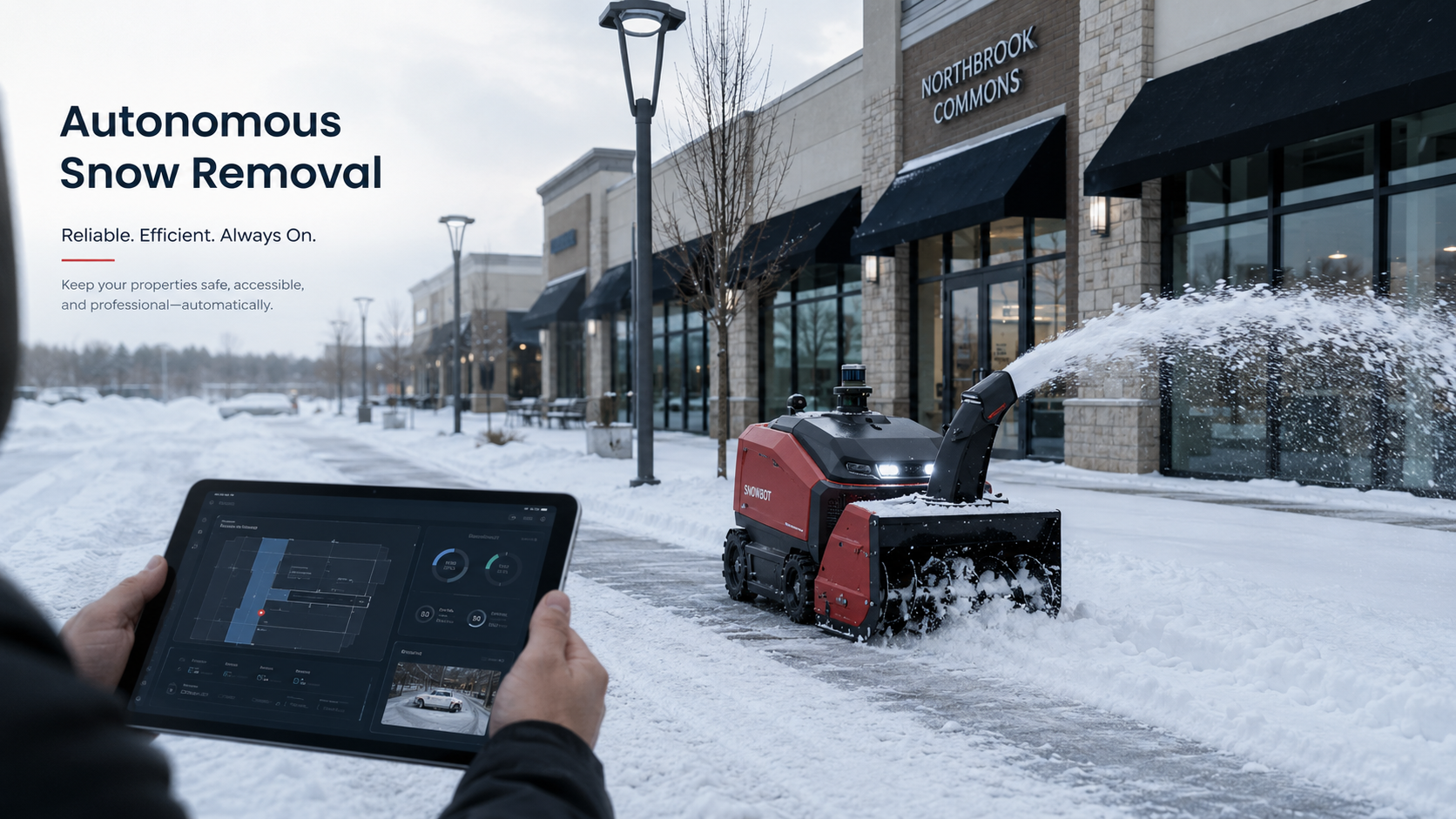 Concept of a robotic snowblower working at a commercial plaza